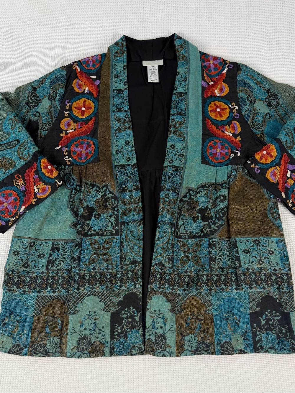 Soft Surroundings Teal Multi Embroidered Open-Front Jacket Womens Medium
